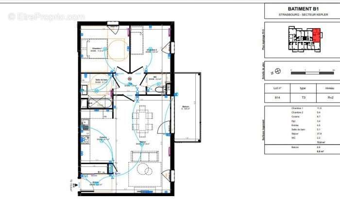Lot 814-3P-2ème étage - 72m² - 285 000 - Appartement à STRASBOURG