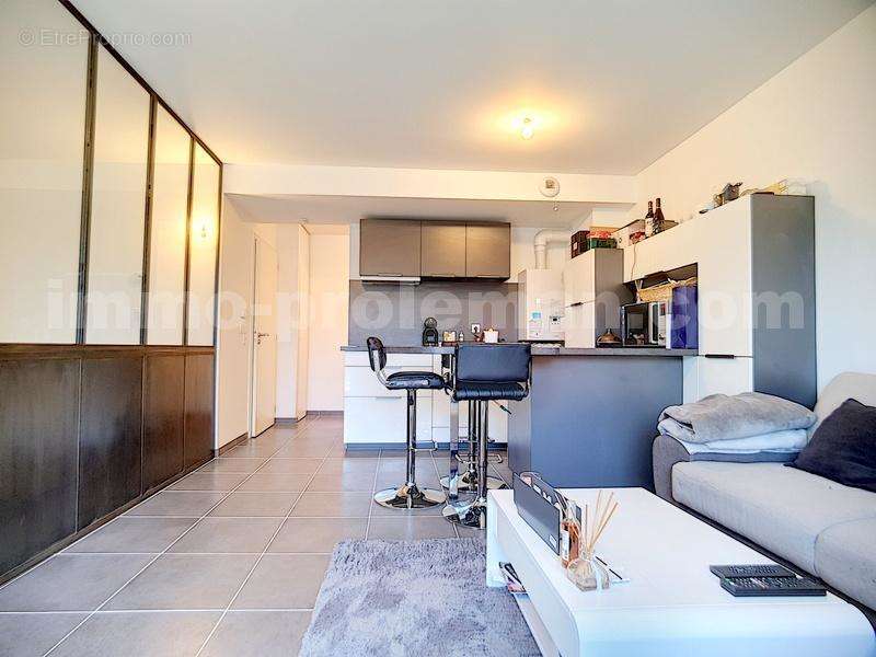 APPARTEMENT_T2_CRANVES-SALES_CENTRE_NEUF_PROCHE FRONTIERE_TRAM_GENEVE_FRONTALIERS_IMMO PROLEMAN_IMMOBILIER_ANNEMASSE_VUE-DEGAGEE_GENEVE_TRAM_CEVA_SALON_cuisine américaine - Appartement à CRANVES-SALES