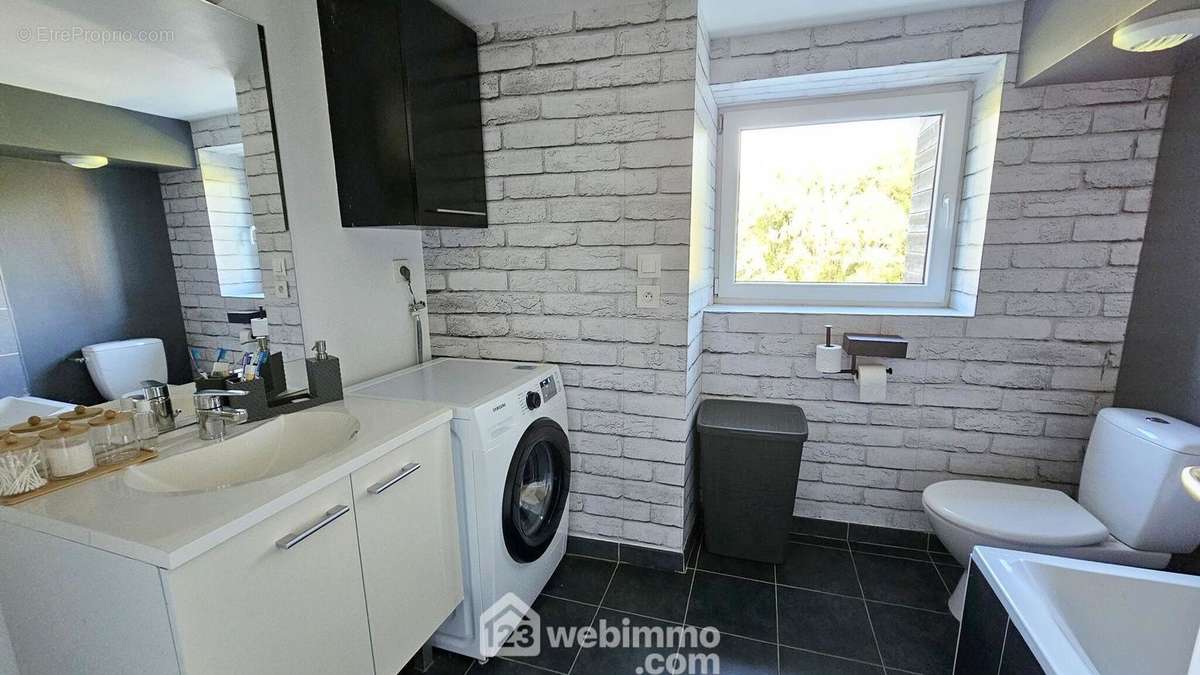 Une salle de bain/WC avec un espace buanderie. - Appartement à LA FERTE-ALAIS