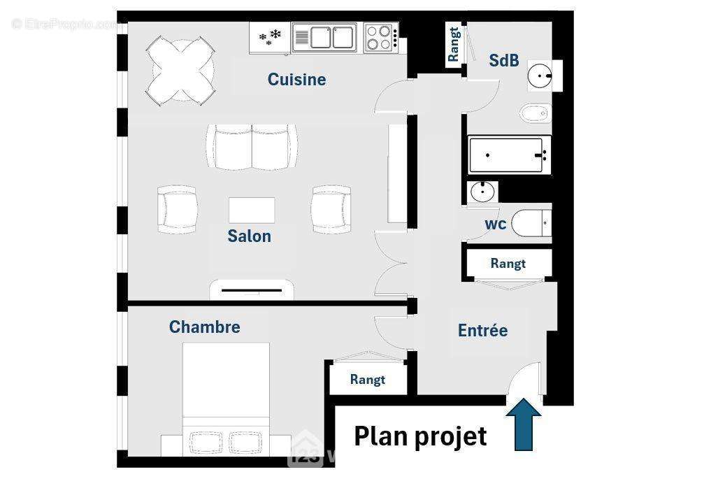 Plan projeté (salon + cuisine = 25,5 m²) - Appartement à PARIS-11E