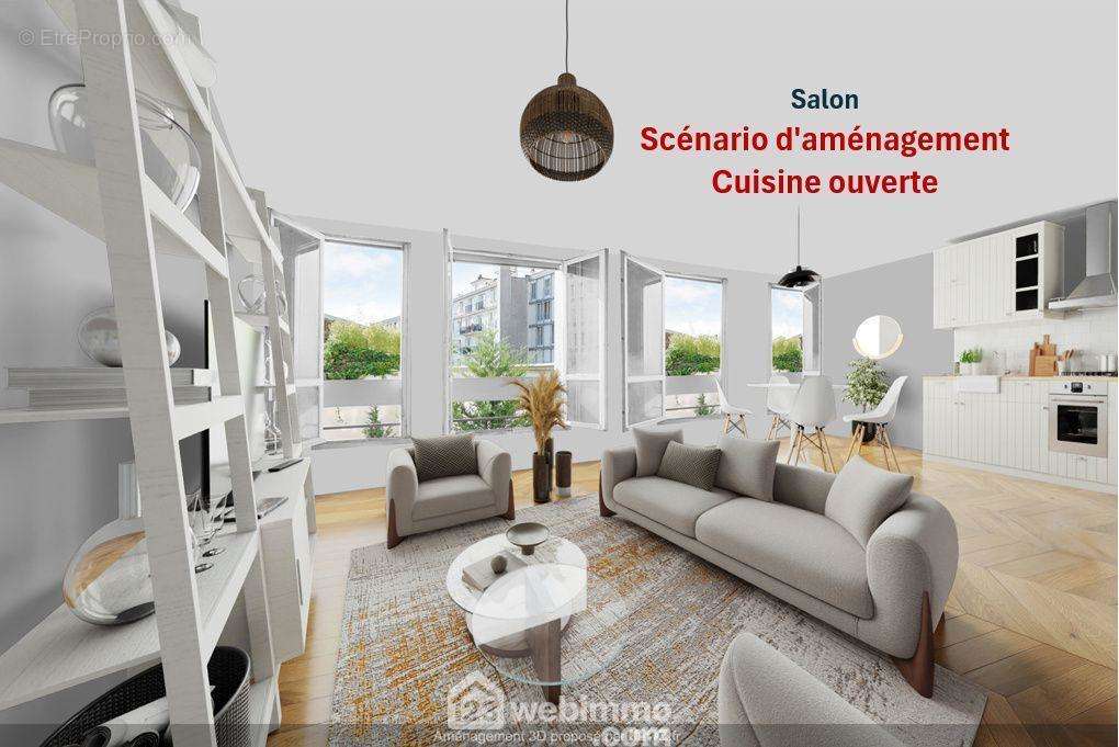 Suggestion d&#039;agencement du salon (avec ouverture du mur salon/cuisine) - Appartement à PARIS-11E