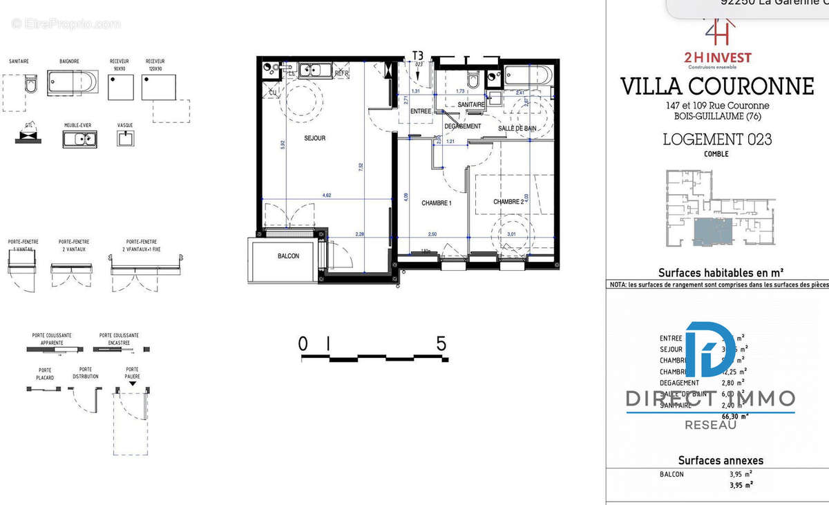 Plan 3 Pièces Balcon Sud  - Appartement à ROUEN