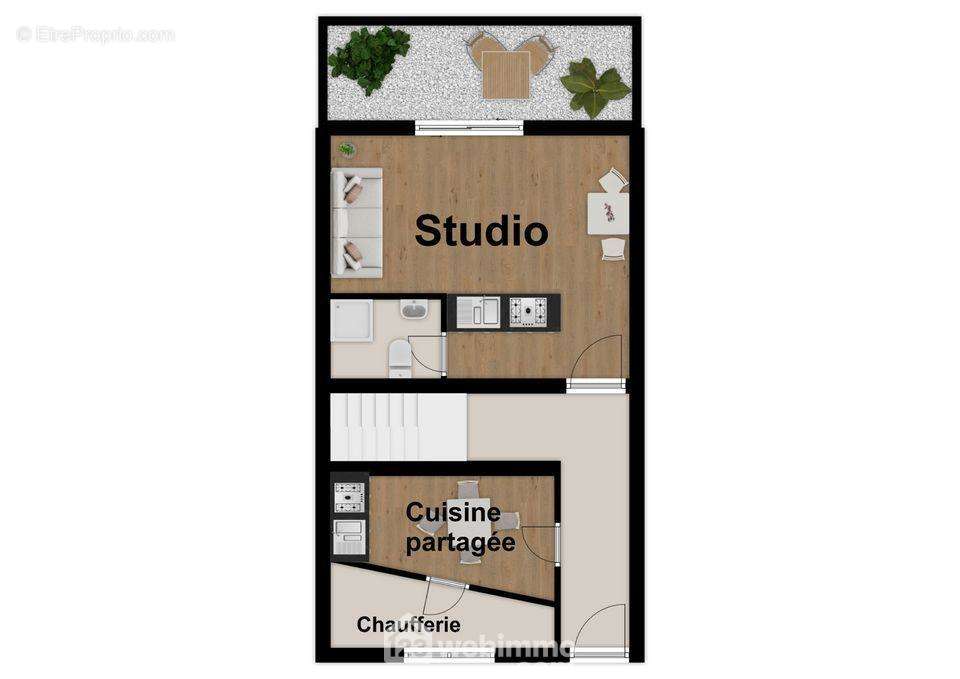 Croquis du RDC : Studio de 19.87 m2 avec courette, cuisine partagée et chaufferie. - Appartement à POITIERS